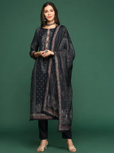 Women Graphic Charcoal Straight Kurta Set with Dupatta-BCK-1991-Charcoal